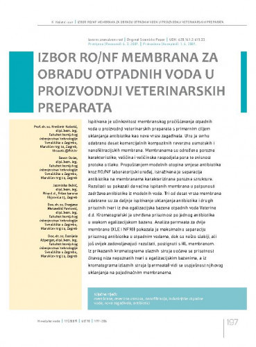 Izbor RO/NF membrana za obradu otpadnih voda u proizvodnji veterinarskih preparata / Krešimir Košutić1*, Davor Dolar1, Jasminka Đukić2, Dragana Mutavdžić Pavlović1, Danijela Ašperger1.