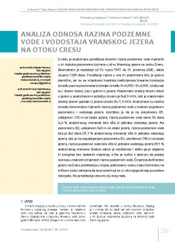 Analiza odnosa razina podzemne vode i vodostaja Vranskog jezera na otoku Cresu / Ognjen Bonacci1, Tanja Roje-Bonacci1.