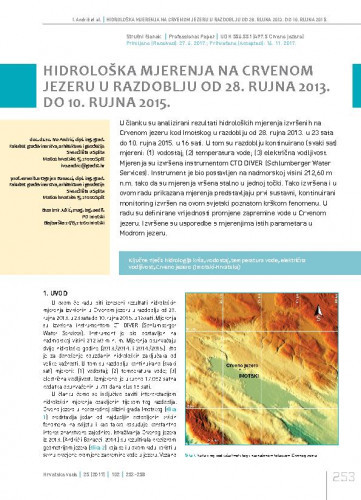 Hidrološka mjerenja na Crvenom jezeru u razdoblju od 28. rujna 2013. do 10. rujna 2015. / Ivo Andrić1, Ognjen Bonacci1, Branimir Jukić2.