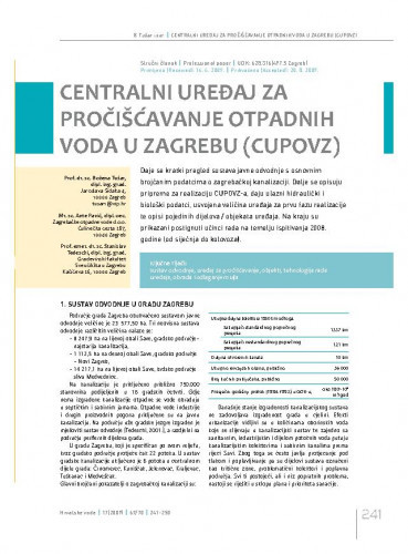 Centralni uređaj za pročišćavanje otpadnih voda u Zagrebu (CUPOVZ) / Božena Tušar1*, Ante Pavić2, Stanislav Tedeschi3.