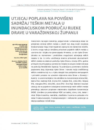 Utjecaj poplava na povišeni sadržaj teških metala  u inundacijskom području rijeke Drave u Varaždinskoj županiji / Igor Tošić1, Dinko Vujević2, Zvjezdana Stančić3.  .
