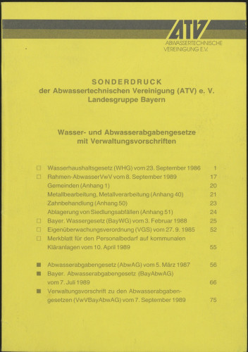 Wasser- und Abwasserabgabengesetze mit Verwaltungsvorschriften : Sonderdruck der Abwassertechnischen Vereinigung (ATV) e.V. Landesgruppe Bayern