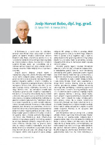 Josip Horvat Bobo, dipl. ing. građ. (5. lipnja 1941. - 8. travnja 2016.).In memoriam / Nada Glad