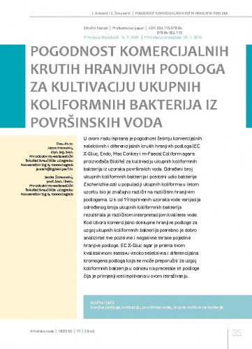 Pogodnost komercijalnih krutih hranjivih podloga za kultivaciju ukupnih koliformnih bakterija iz površinskih voda / Jasna Hrenović1*, Senka Šimunović1.