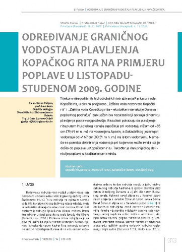 Određivanje graničnog vodostaja plavljenja Kopačkog rita na primjeru poplave u listopadu-studenom 2009. godine / Goran Palijan1.