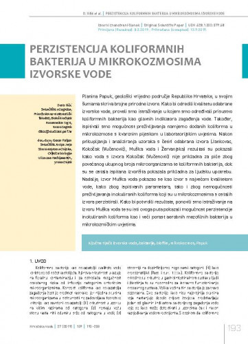 Perzistencija koliformnih bakterija u mikrokozmosima izvorske vode / Doris Iličić1, Goran Palijan2.