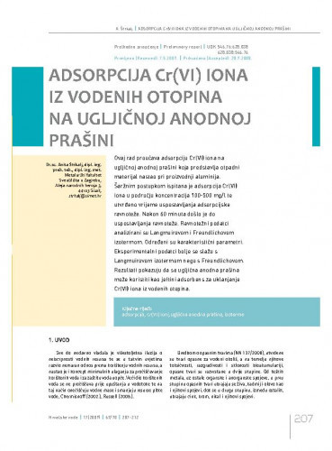 Adsorpcija Cr(VI) iona iz vodenih otopina na ugljičnoj anodnoj prašini / Anita Štrkalj1.