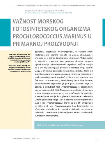 Važnost morskog fotosintetskog organizma Prochlorococcus marinus u primarnoj proizvodnji / Ivana Bošnjak1, Zrinka Ljubešić1.