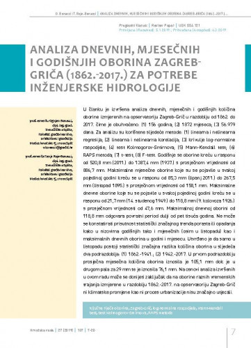 Analiza dnevnih, mjesečnih i godišnjih oborina Zagreb-Griča (1862.-2017.) za potrebe inženjerske hidrologije / Ognjen Bonacci1, Tanja Roje-Bonacci1. 