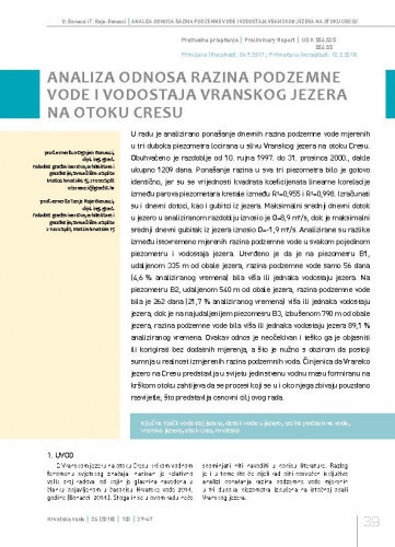 Analiza odnosa razina podzemne vode i vodostaja Vranskog jezera na otoku Cresu / Ognjen Bonacci1, Tanja Roje-Bonacci1. 