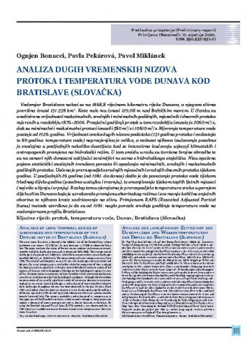 Analiza dugih vremenskih nizova protoka i temperatura vode Dunava kod Bratislave (Slovačka) / Ognjen Bonacci1*, Pavla Pekárová2, Pavol Miklánek2. 